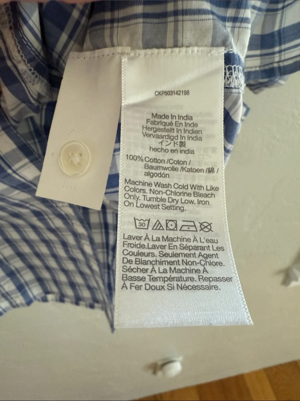 Madewell Blue and White Plaid Puff Sleeve Button-Front Top